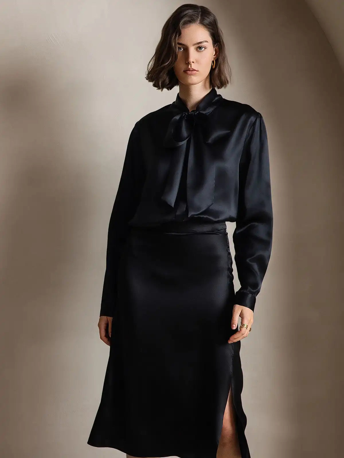 Elegant 19Momme Silk Long Sleeve Tie Neck Blouse