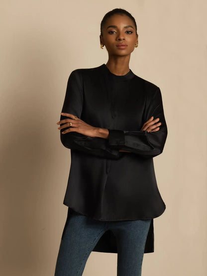 19Momme Silk Women’s  Stand Collar High-Low Blouse With Button Detail