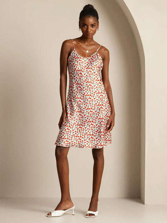 Silk Spaghetti Strap Cherry Print Short Dress