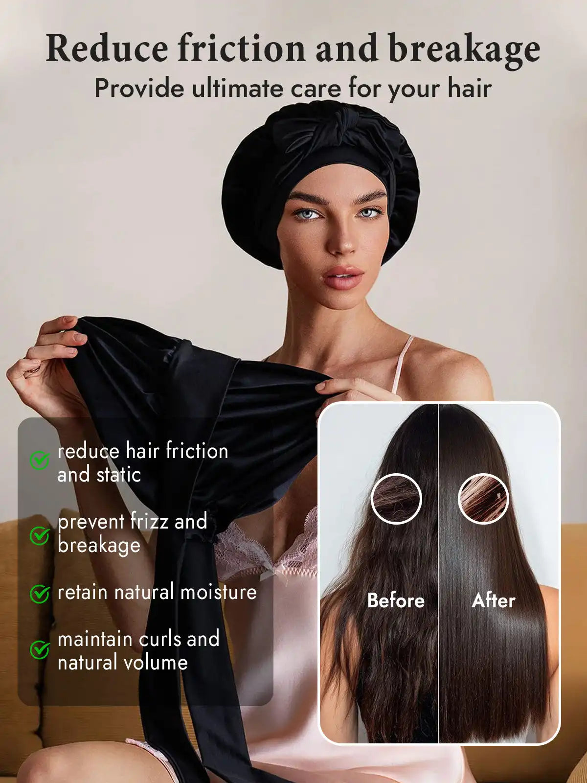 100% Mulberry Silk Double-Layer Bonnet with Adjustable Long Tie