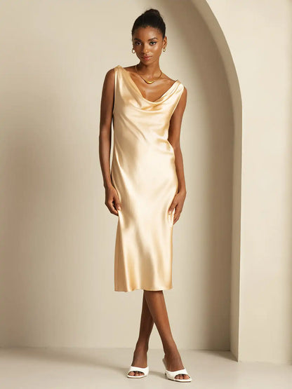 19Momme Silk Sleeveless Cowl Neck Knee Elegant Dress