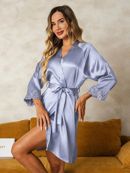 100% Mulberry Silk Lace Cuffs Robe Wrap Kimono Belted with 3/4 Sleeves