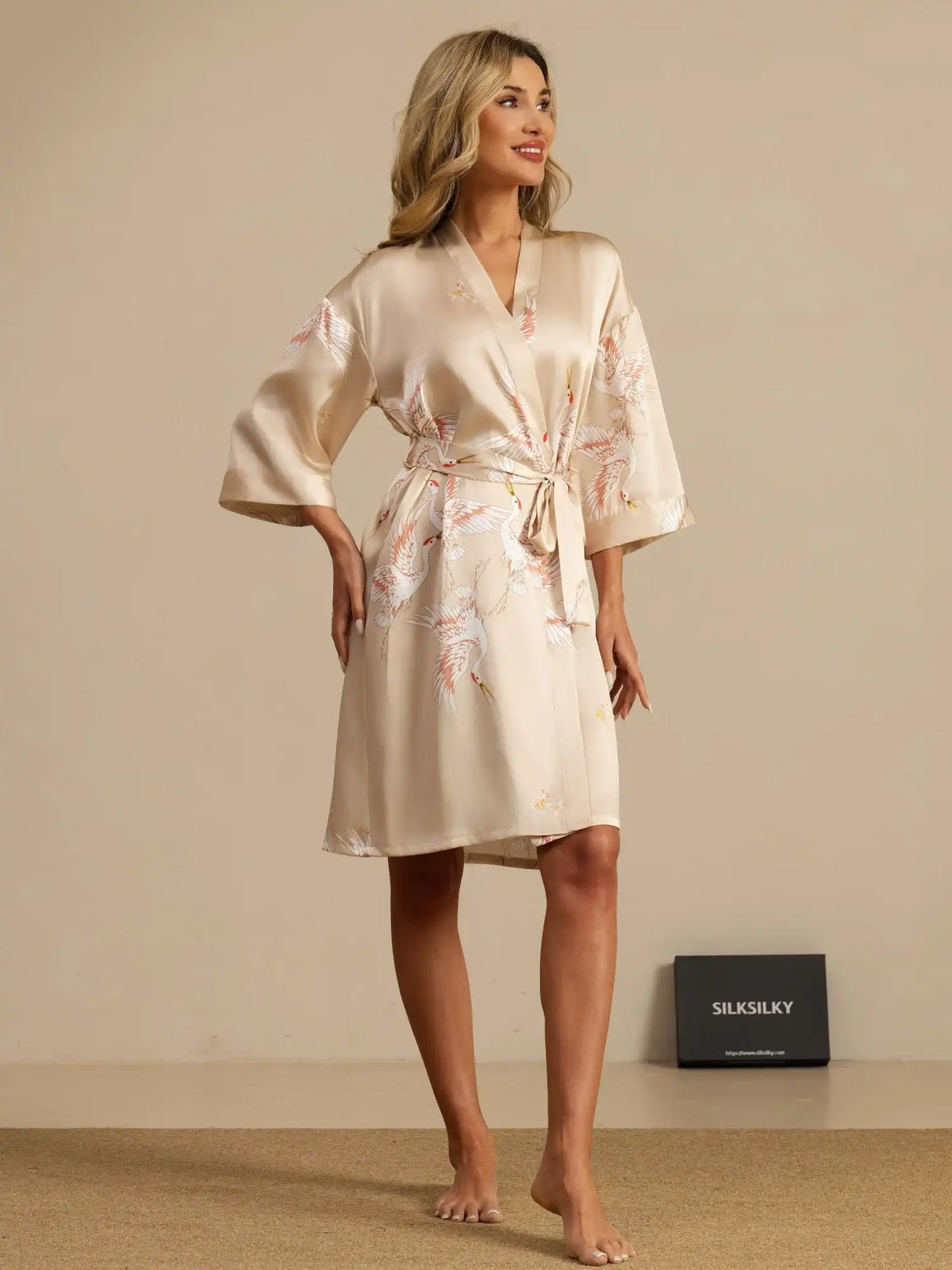 Clearance - 19Momme 100% Mulberry Silk Crane Print Belted Wrap Women's Kimono Robe