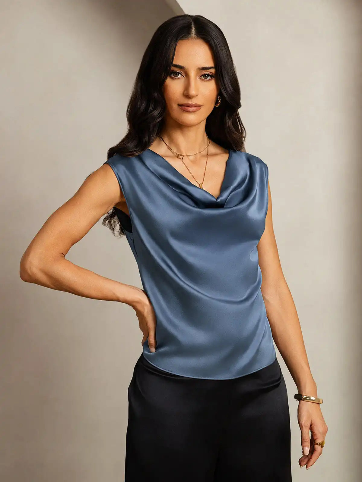 19Momme Silk Cap Sleeve Cowl Neck Women's Top