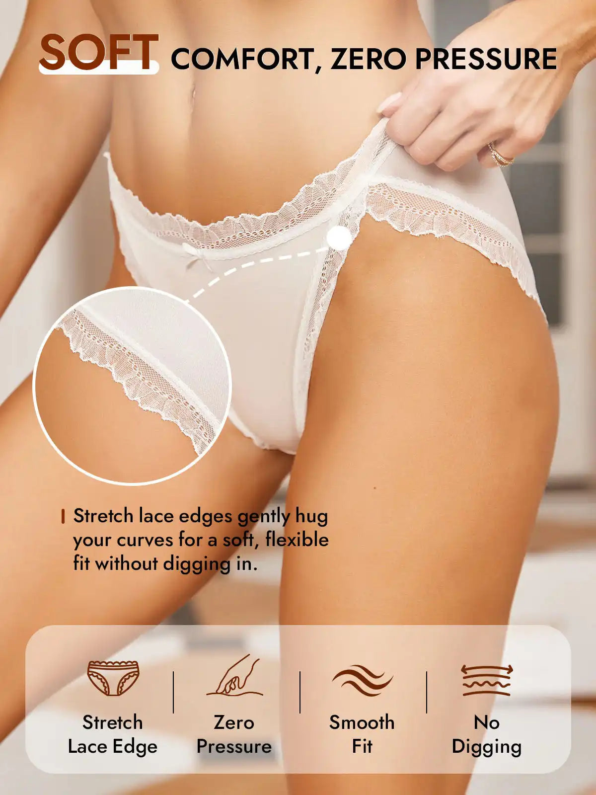 100% Mulberry Silk Lace Trim Bikini Panty with Bow Design
