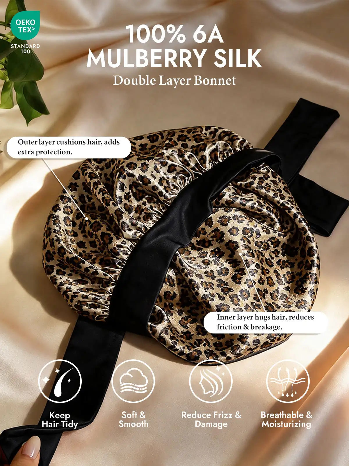 100% Mulberry Silk Double-Layer Bonnet with Adjustable Long Tie