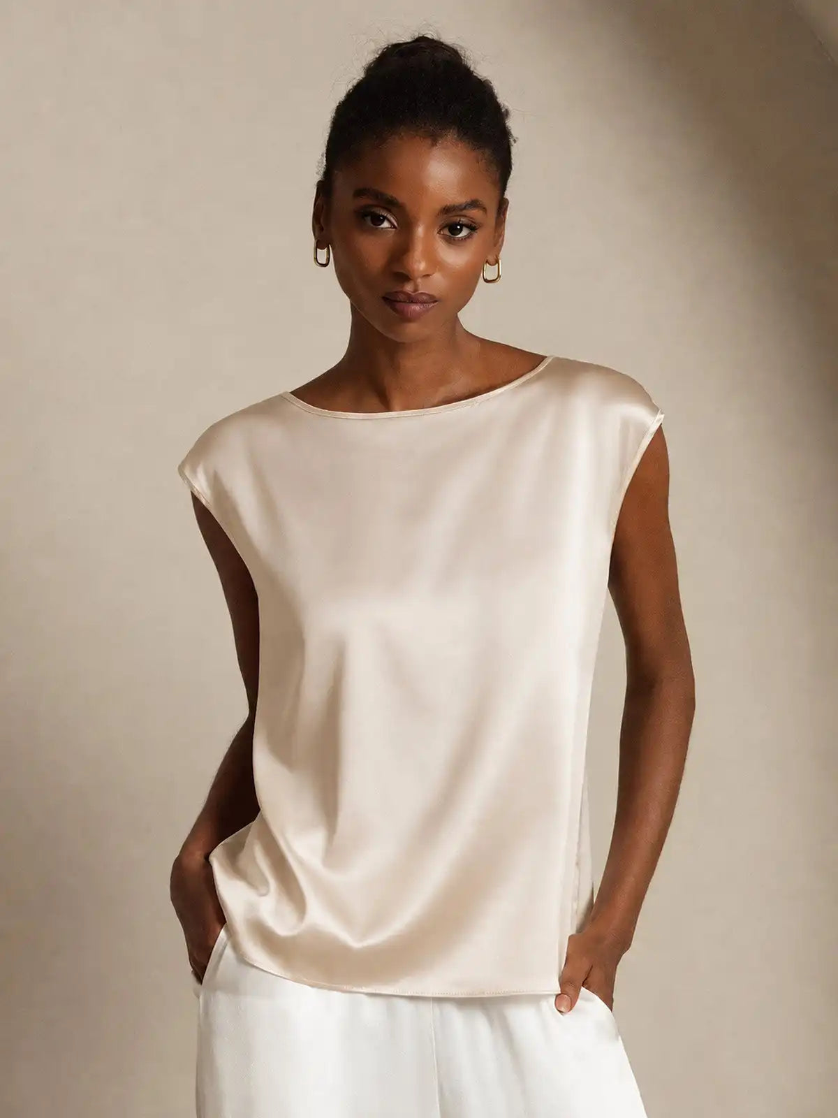 19Momme Women's Silk Cap Sleeve Round Neck Top