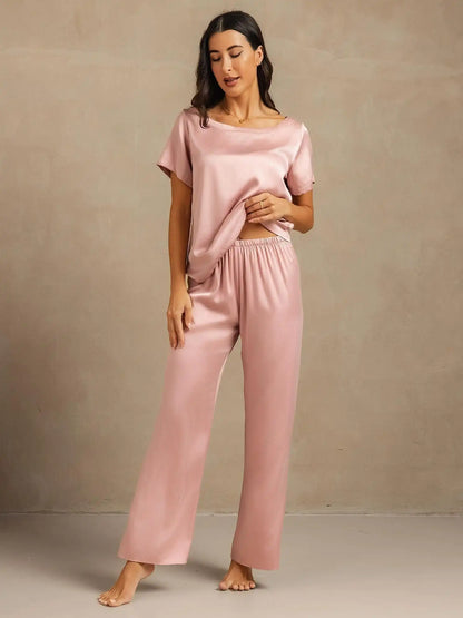 Clearance - 19Momme Women's Washable Silk Short Sleeve Scoop Neck Pajamas Set