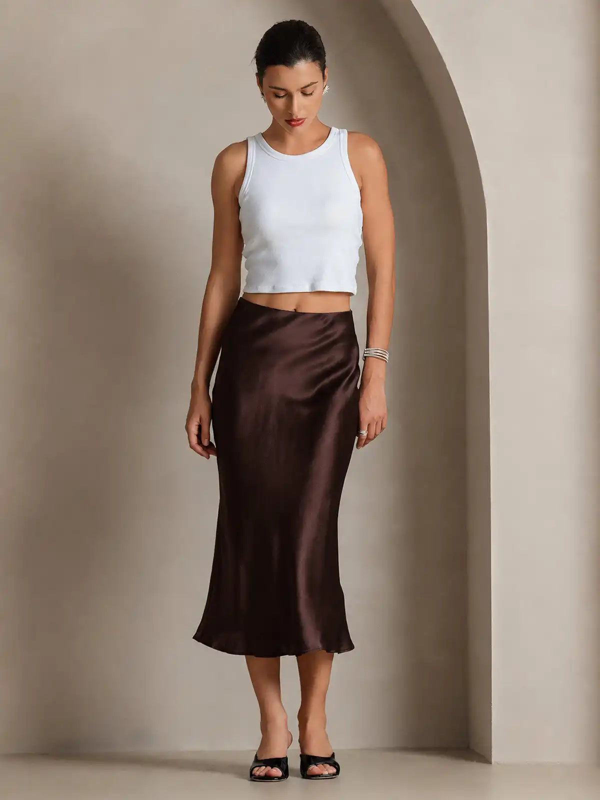 100% Mulberry Silk Stretch Long Straight Skirt