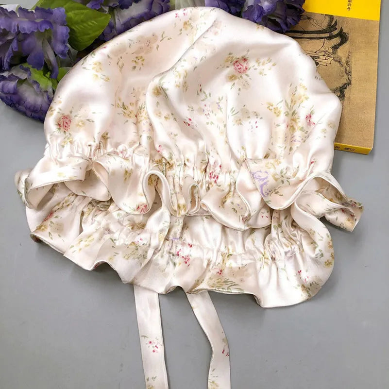 100% Mulberry Silk Sleep Cap Double Layer Bonnet with Ribbon
