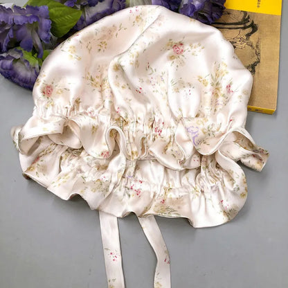 100% Mulberry Silk Sleep Cap Double Layer Bonnet with Ribbon
