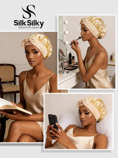 100% Mulberry Silk Bonnet Bowknot Tie Sleep Cap for Hair Protection