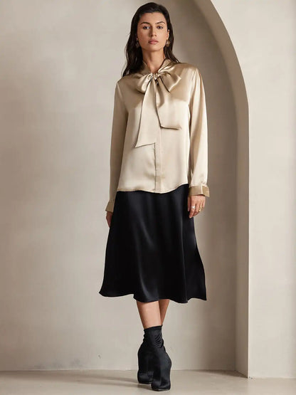 Clearance - Elegant 19Momme Silk Long Sleeve Tie Neck Blouse