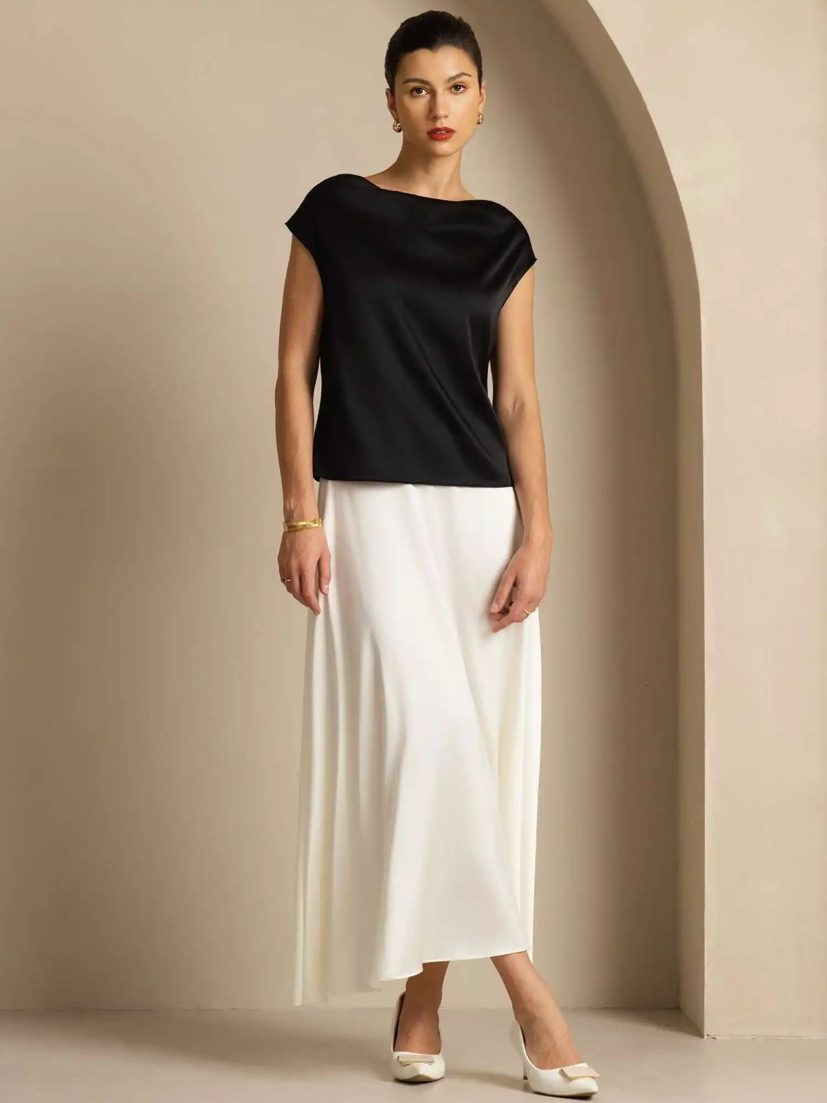 19Momme Women's Silk Cap Sleeve Cowl Neck Top