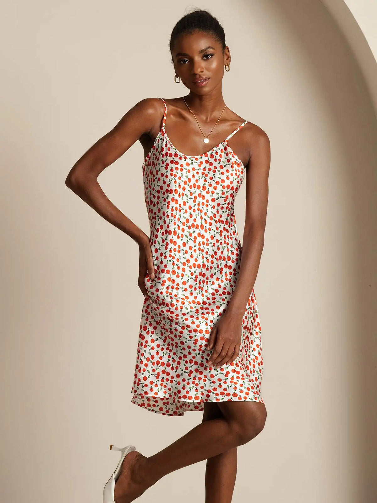 Silk Spaghetti Strap Cherry Print Short Dress