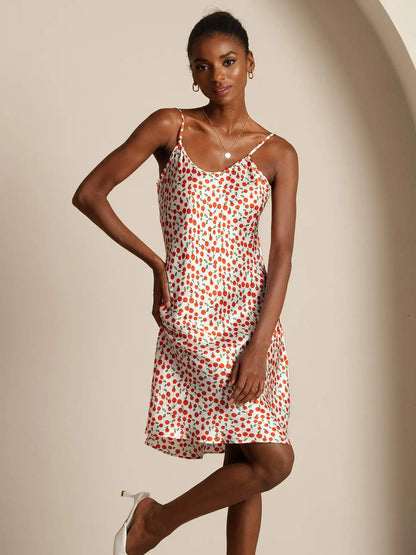 Silk Spaghetti Strap Cherry Print Short Dress