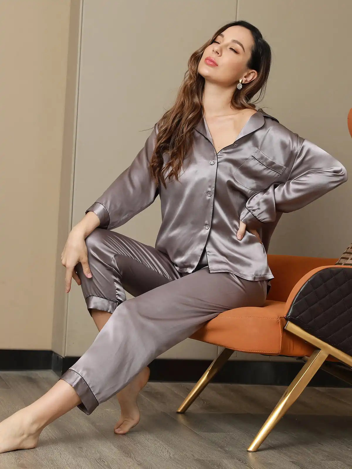 Clearance - Women's 100% Mulberry Silk Long Sleeve Lapel Collar Pajamas Set