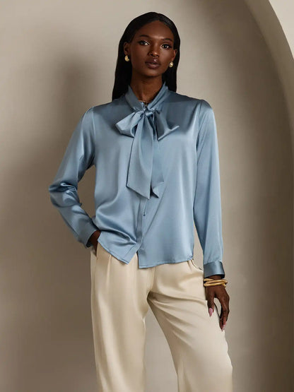 Elegant 19Momme Silk Long Sleeve Tie Neck Blouse