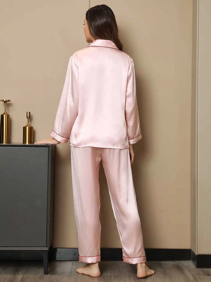 Clearance - Women's 100% Mulberry Silk Long Sleeve Lapel Collar Pajamas Set