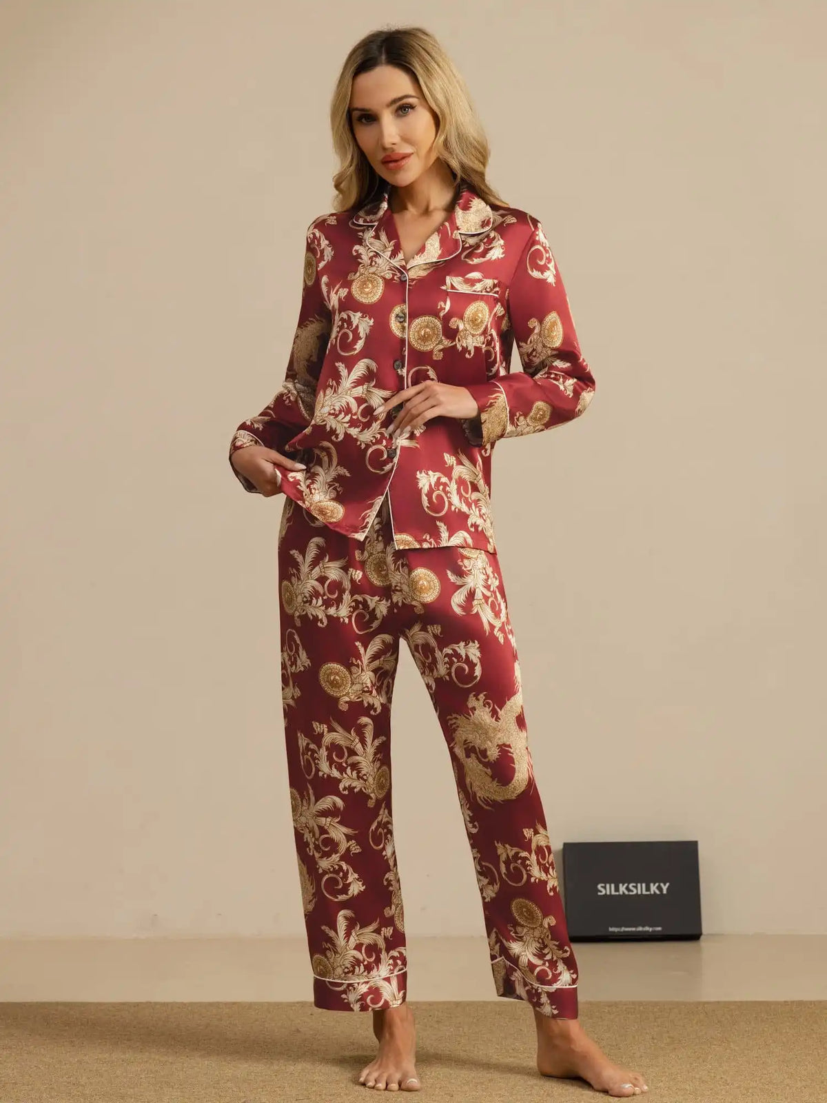 Clearance - 100% Mulberry Silk Dragon Print Long Sleeve Notch Collar Women's Pajamas Set With Pants
