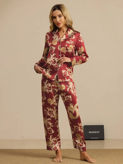 Clearance - 100% Mulberry Silk Dragon Print Long Sleeve Notch Collar Women's Pajamas Set With Pants