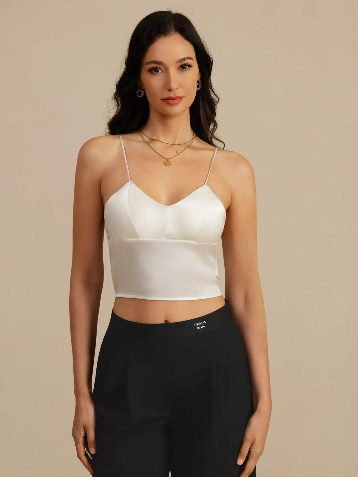 19Momme Silk Crop Top Spaghetti Strap V Neck Camisoles with Built-in Bra