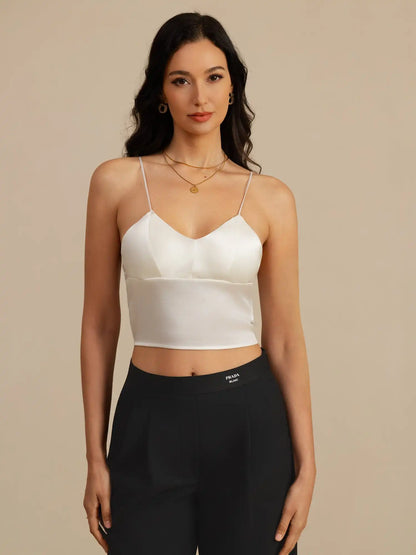 19Momme Silk Crop Top Spaghetti Strap V Neck Camisoles with Built-in Bra