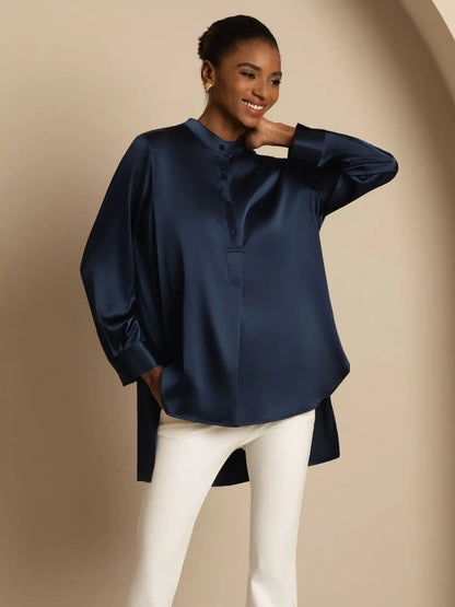 19Momme Silk Women’s  Stand Collar High-Low Blouse With Button Detail