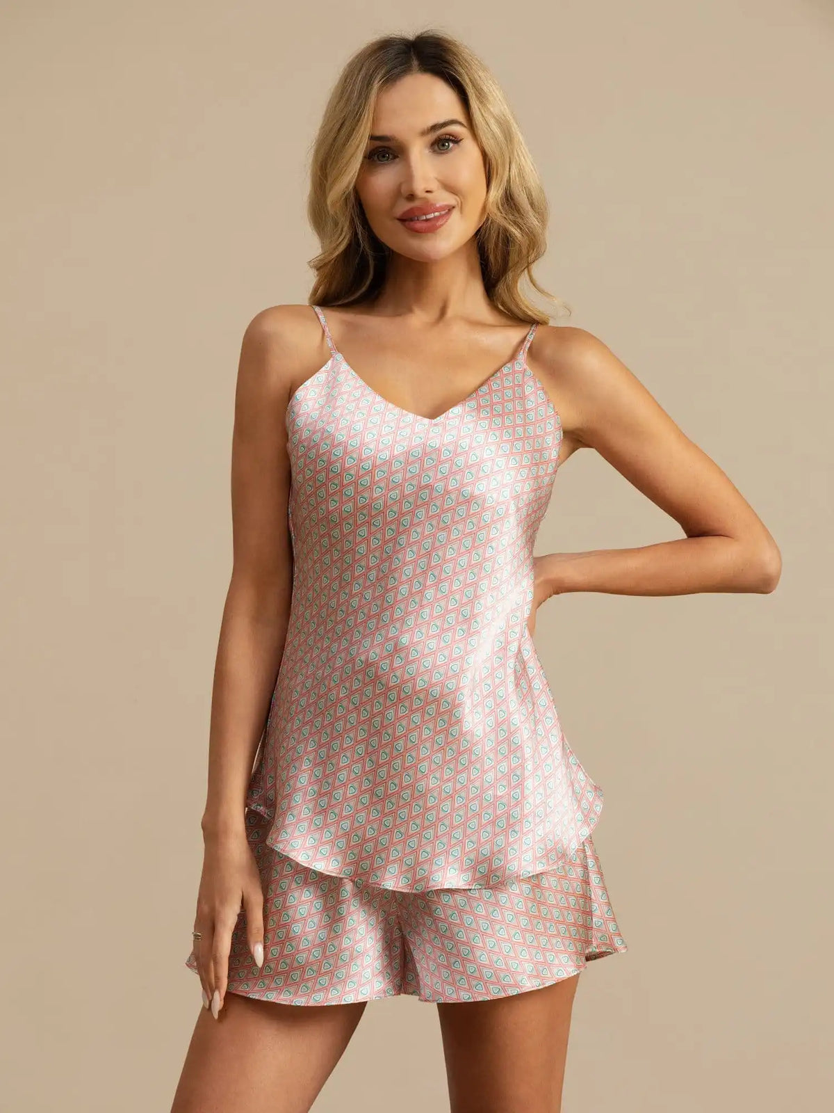 100% Mulberry Silk Geometric Print Spaghetti Strap V Neck Camisole Set