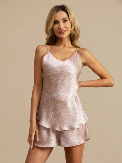 100% Mulberry Silk Geometric Print Spaghetti Strap V Neck Camisole Set