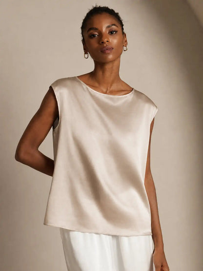19Momme Women's Silk Cap Sleeve Round Neck Top