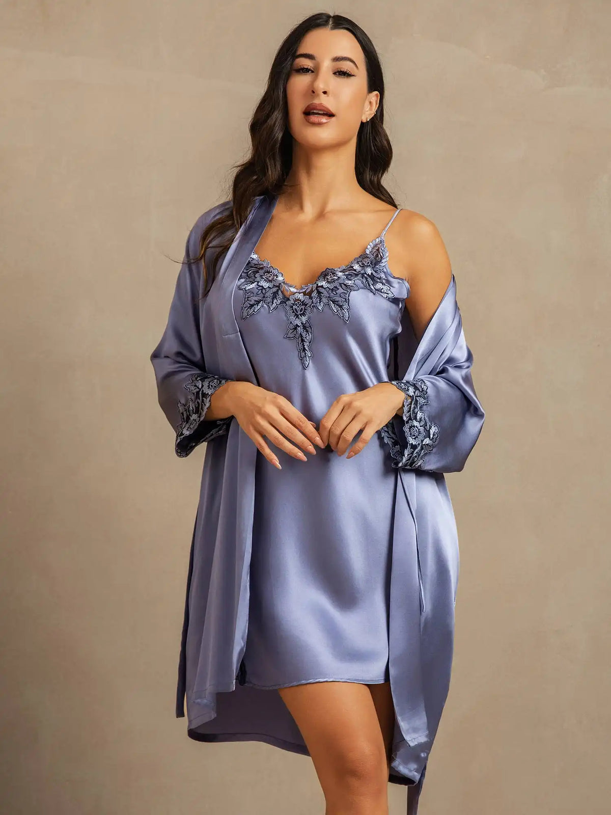 100% Mulberry Silk Spaghetti Strap Lace Nightgown & Robe Set