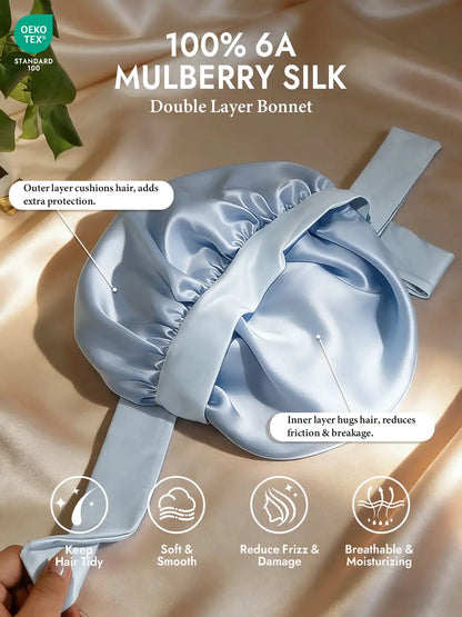 100% Mulberry Silk Double-Layer Bonnet with Adjustable Long Tie