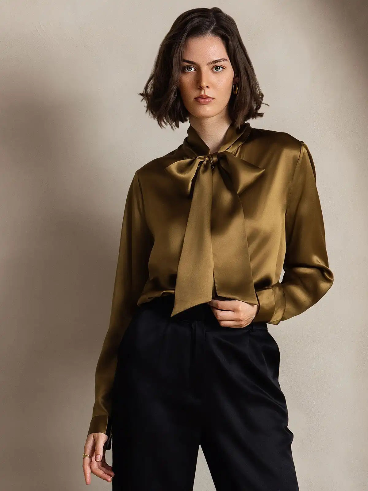 Elegant 19Momme Silk Long Sleeve Tie Neck Blouse
