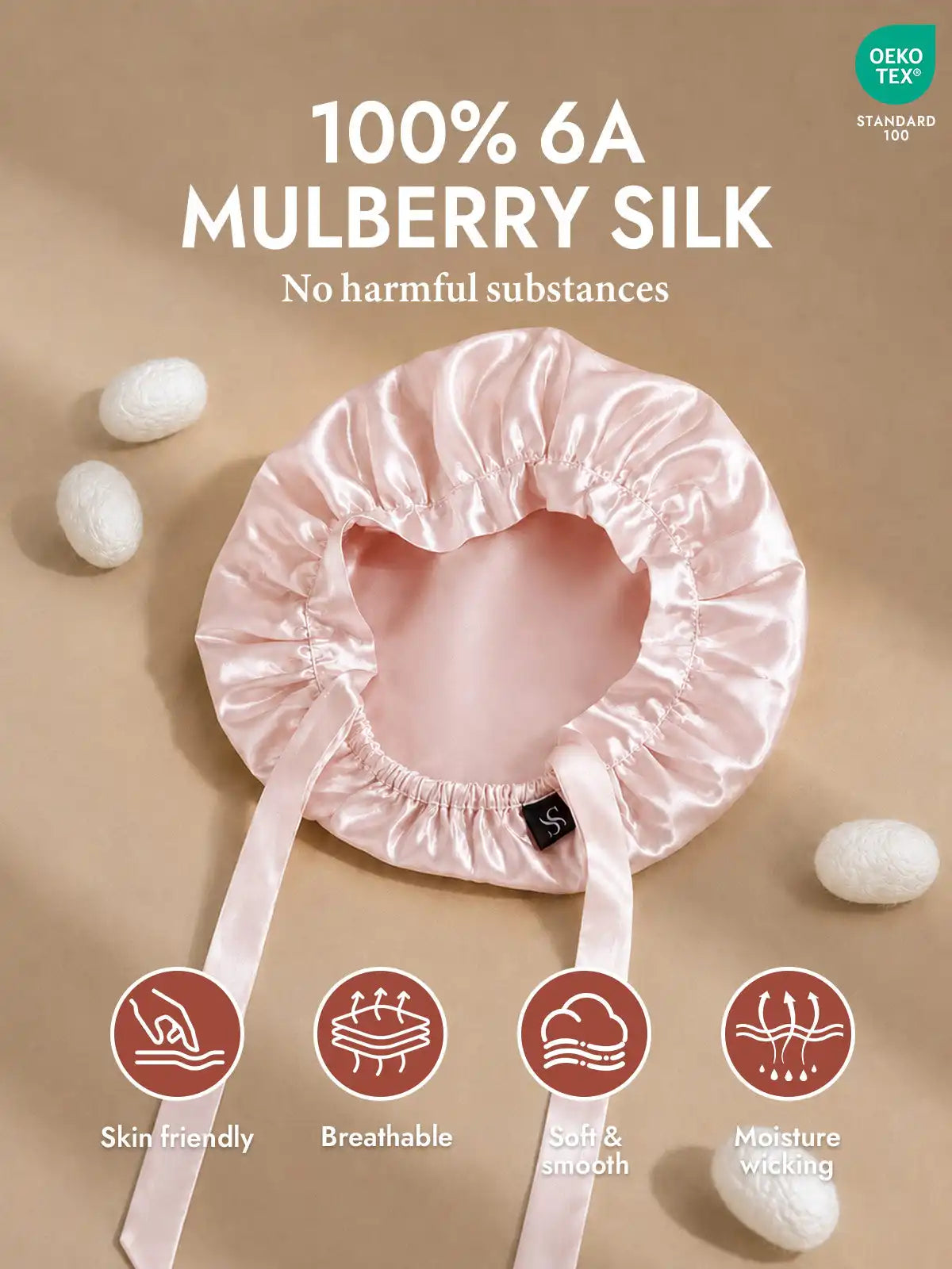 100% Mulberry Silk Sleep Bonnet with Ribbons