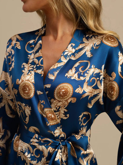 100% Mulberry Silk Dragon Print 3/4 Sleeve Women's Kimono Robe With Belt