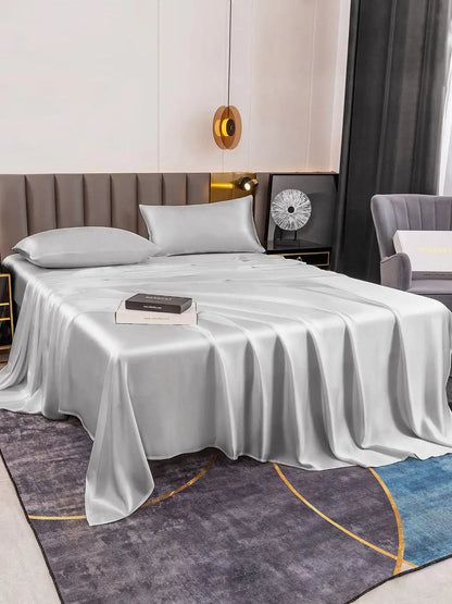 19Momme 4Pcs 100% Mulberry Silk Bedding Set Fitted&Flat Sheets+2x Pillowcases