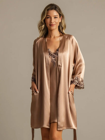 100% Mulberry Silk Spaghetti Strap Lace Nightgown & Robe Set