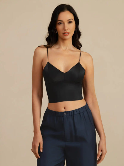19Momme Silk Crop Top Spaghetti Strap V Neck Camisoles with Built-in Bra
