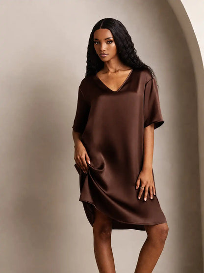 100% Mulberry Silk Half Sleeve V-neck Short Nightgown with Split Design