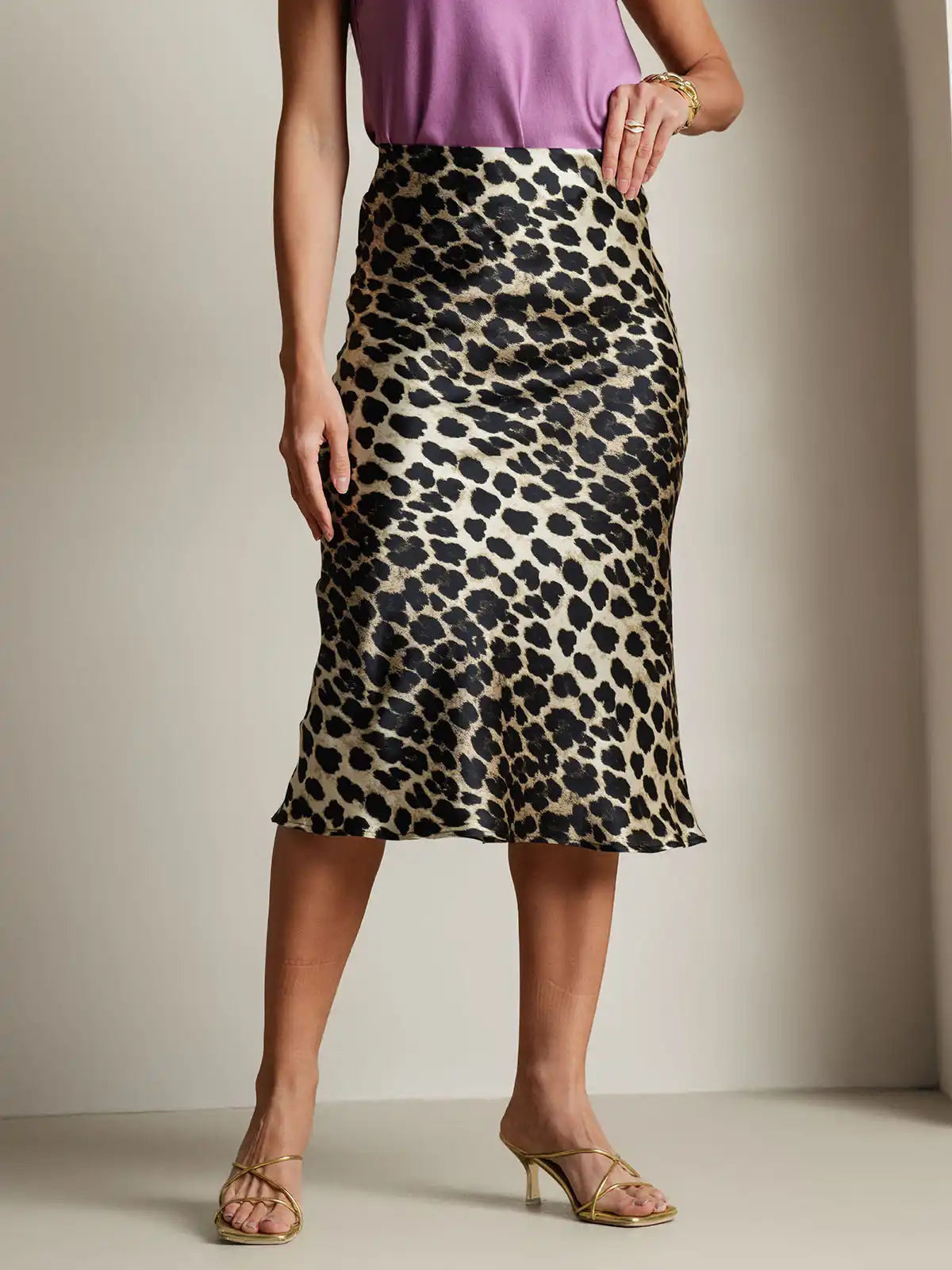 19Momme 100% Mulberry Silk Leopard Print Stretch Straight Long Skirt
