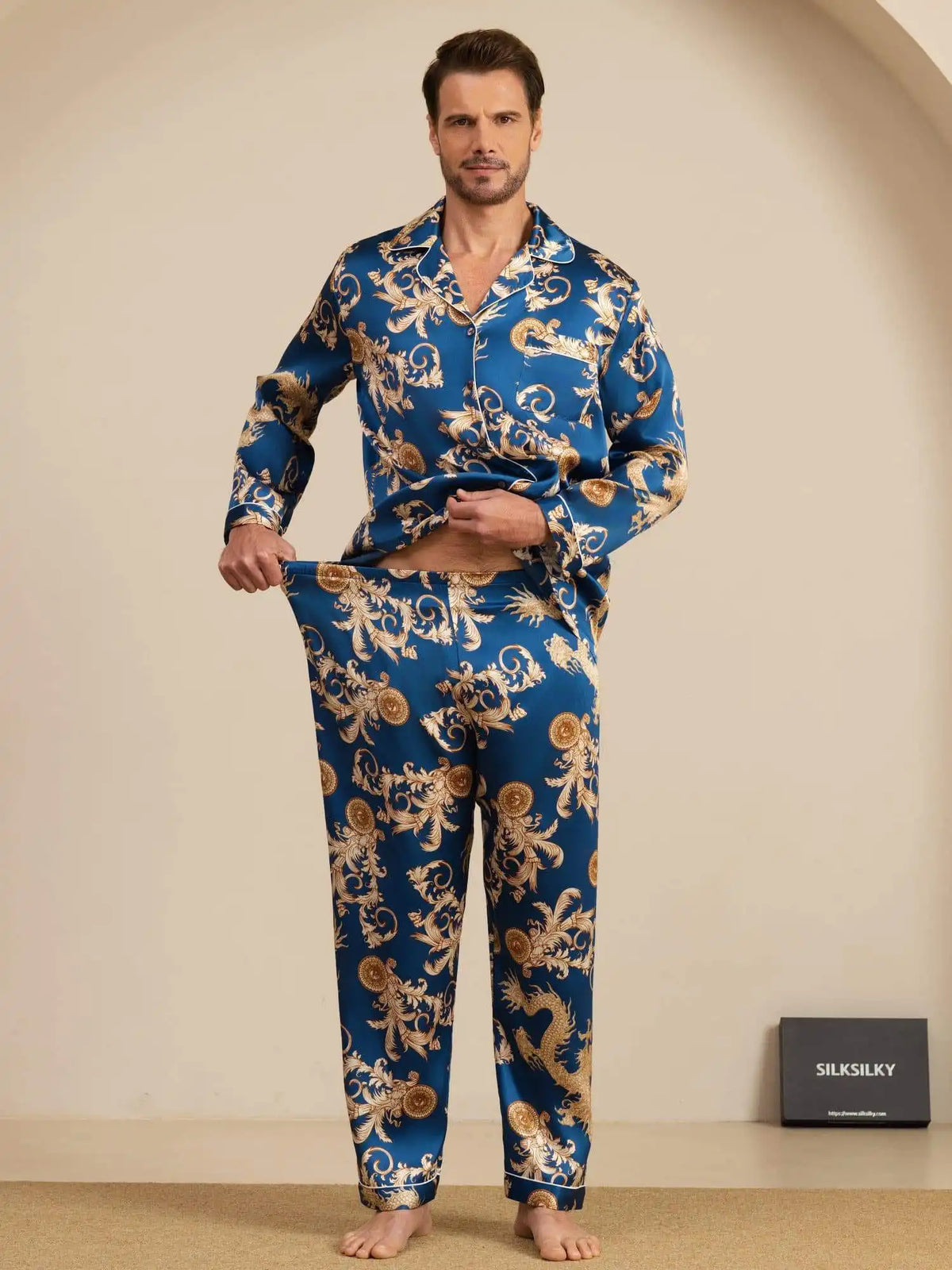 100% Mulberry Silk Men's Dragon Print  Long Sleeve Notch Collar Pajamas Set