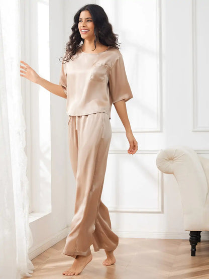 Women's 100% Mulberry Silk Half Sleeve Round Neck Pajamas Set