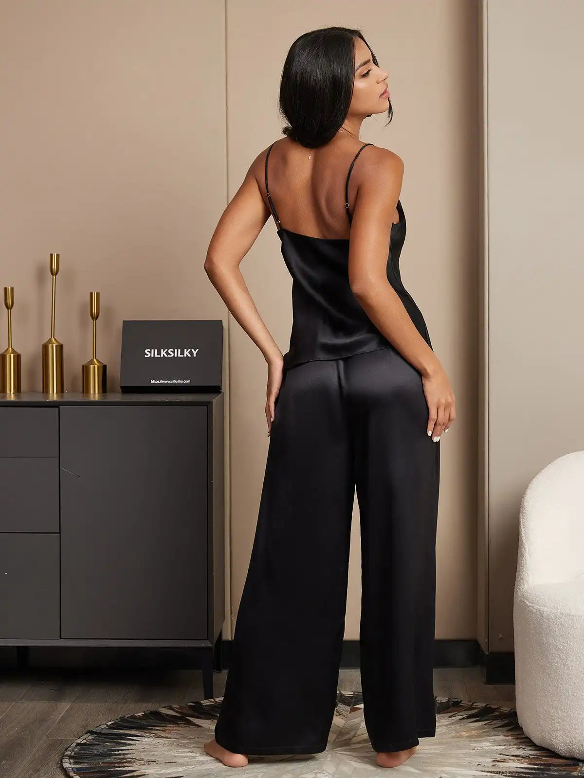 100% Mulberry Silk Spaghetti Strap V Neck Cami & Wide Leg Pants Pajama Set