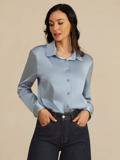 19Momme Silk Long Sleeve Lapel Collar Women's Shirt
