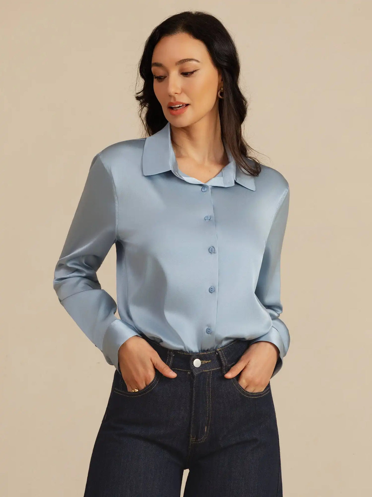 19Momme Silk Long Sleeve Lapel Collar Women's Shirt with Button Up Design