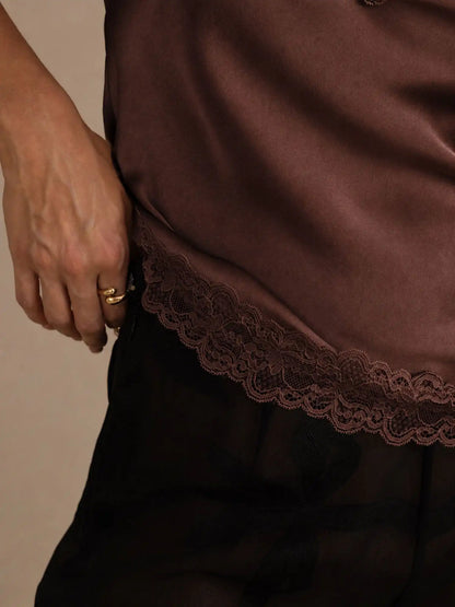 100% Mulberry Silk Women's Spaghetti Strap V Neck Lace Trim Camisole Top