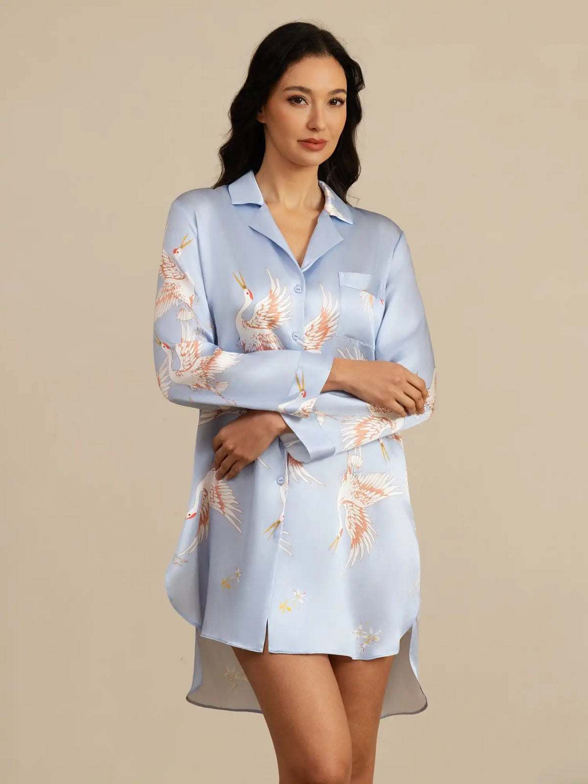 19Momme 100% Mulberry Silk Crane Print Nightshirt with High-Low Hem