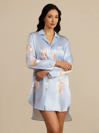 19Momme 100% Mulberry Silk Crane Print Nightshirt with High-Low Hem