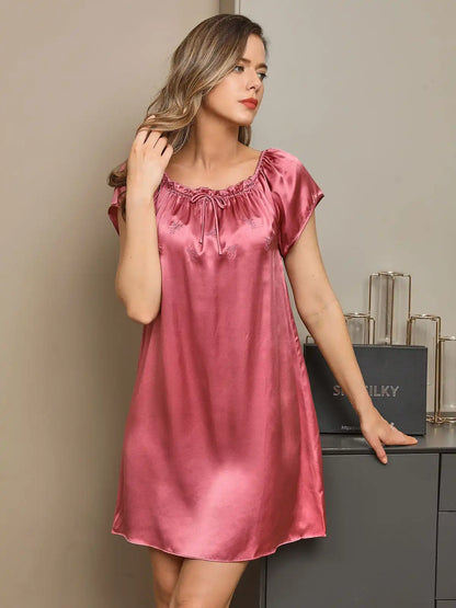 100% Mulberry Silk Cap Sleeve Square Neck Babydoll Short Nightgown